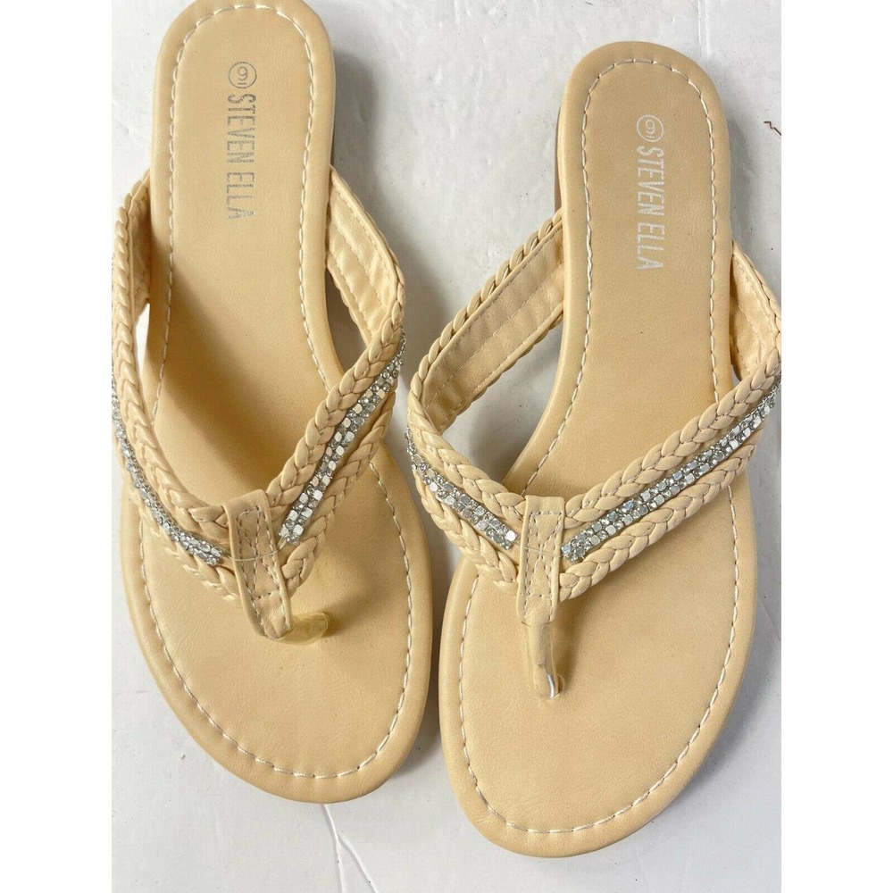 Steven Ella Beige Rhinestone Flat Thong Slip On Flip Flop Sandals Size 9 Women's